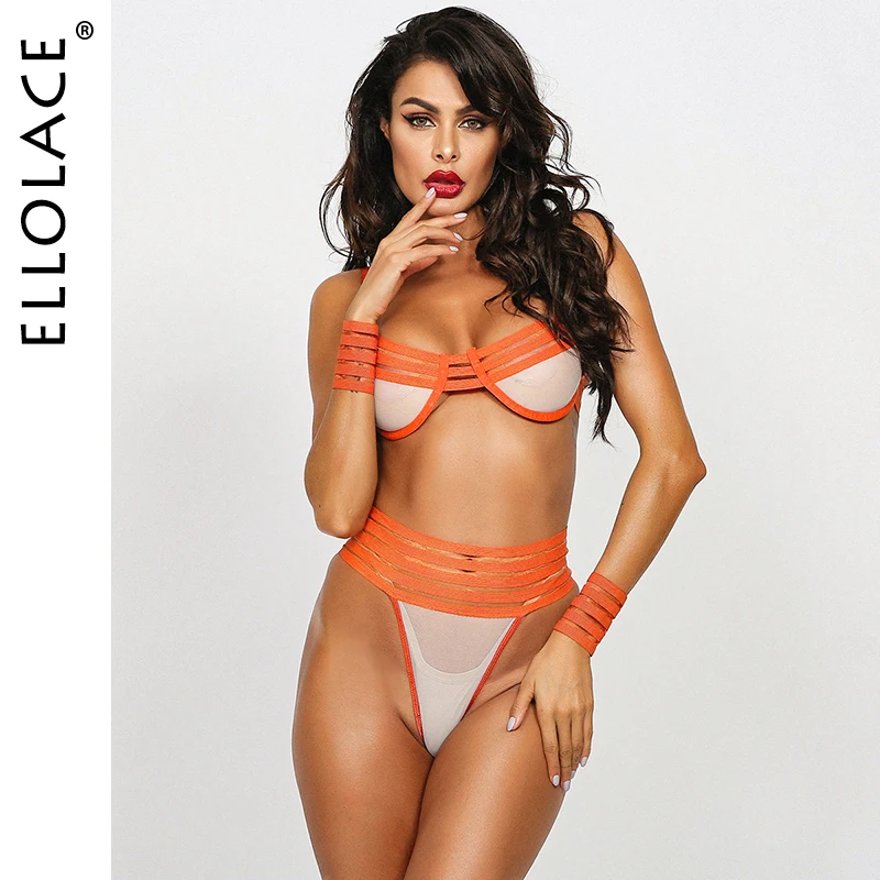 

Ellolace Sexy Mesh Underwear Set Women Transparent See Through Lingerie Sets Female Bra Party Set Strip Patchwork New Bra Set