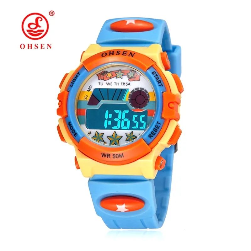 Kids Boys Watches Gift Digital OHSEN Silicone Backlight Cartoon Children Blue Strap LCD