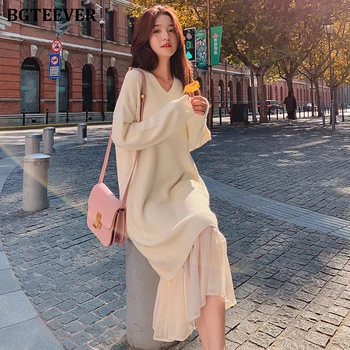 

BGTEEVER Casual V-neck Loose Women Sweater Dress Elegant Autumn Winter Dress Ruffles Patchwork Female Long Knitted Vestidos 2019