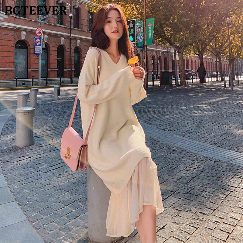 BGTEEVER Casual V-neck Loose Women Sweater Dress Elegant Autumn Winter Dress Ruffles Patchwork Female Long Knitted Vestidos 2019 BGTEEVER Casual V-neck Loose Women Sweater Dress Elegant Autumn Winter Dress Ruffles Patchwork Female Long Knitted Vestidos 2019