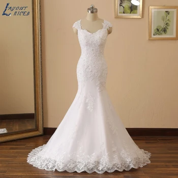 

YQS022 Vestido De Noiva Cap Sleeves Mermaid Lace Wedding Dress 2020 Beading Latest Gown Wedding with Button Custom Made
