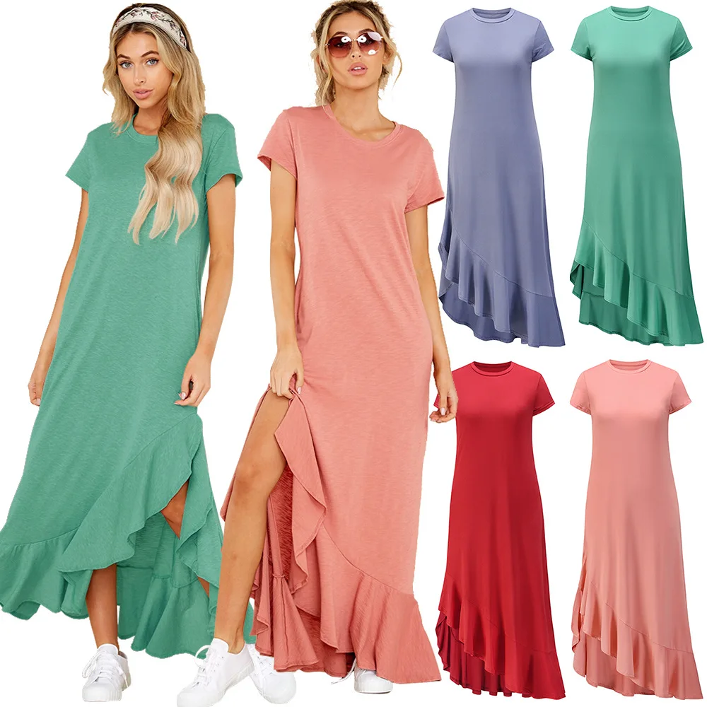 

Women Round Neck Short Sleeve Side Split Asymmetrical Ruffle Hem Casual Long Maxi Dresses