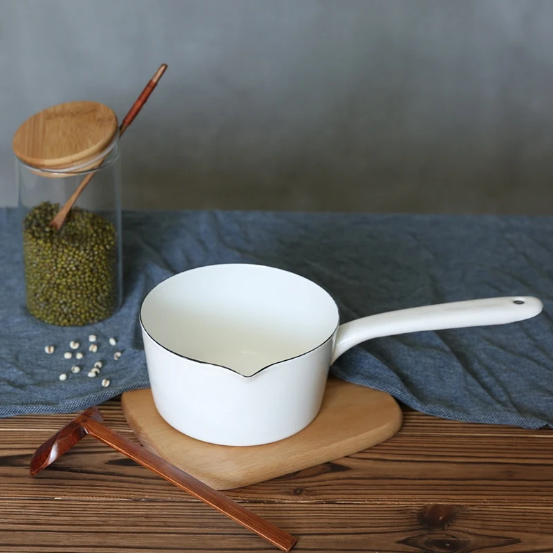 

Enamel Pot Milk Pot Soup Pot Single Wooden Handle Leaves Pattern