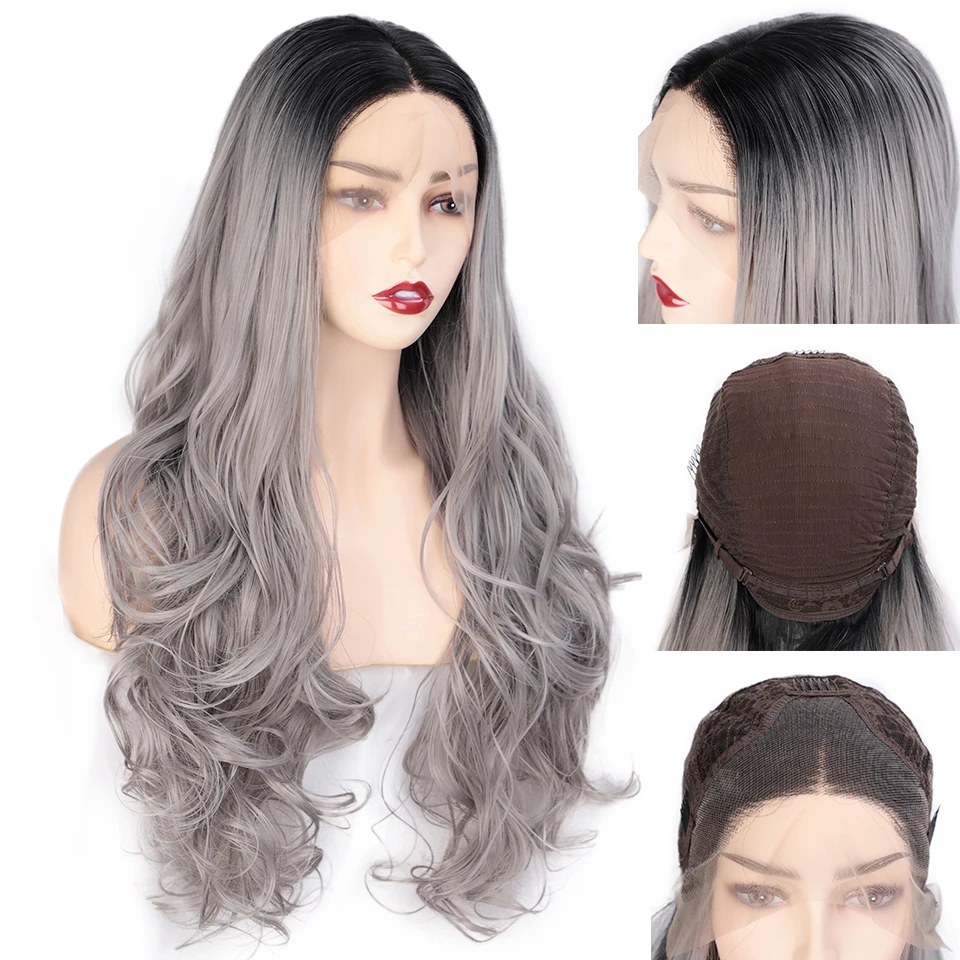 Doris beauty 13x4 Ombre серый синтетический парик на кружеве для женщин длинный волнистый парик на шнурке фиолетовый/коричневый Косплей парики Часть натуральный