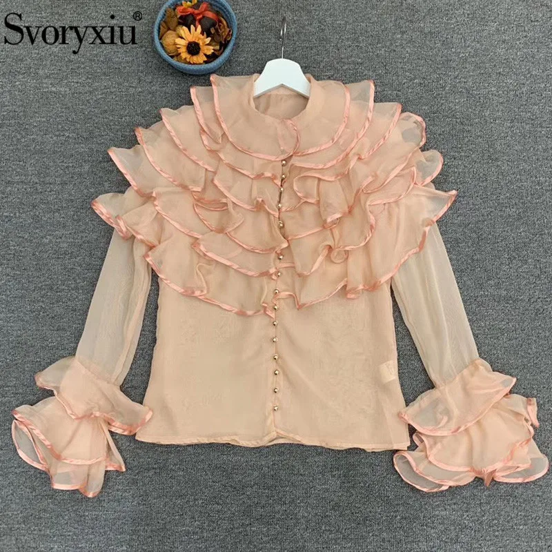 

Svoryxiu 2020 Runway Autumn Vintage Blouses Tops Women's Fashion Flared Sleeves Tiered Ruffles Solid Blouse Shirt