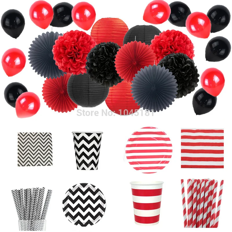 Online Decoración de fiesta de Halloween y platos de vajilla de papel de color rojo negro de ipalcan tazas pajitas servilletas papel de seda Pom linternas Pom