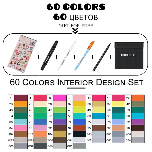 60 color interior TouchFIVE маркерная ручка 168 цветов художественные маркеры с двойным наконечником эскизный маркер на спиртовой основе чернила тонизирующие товары для рукоделия стационарная калиграфия - Цвет: 60 color interior
