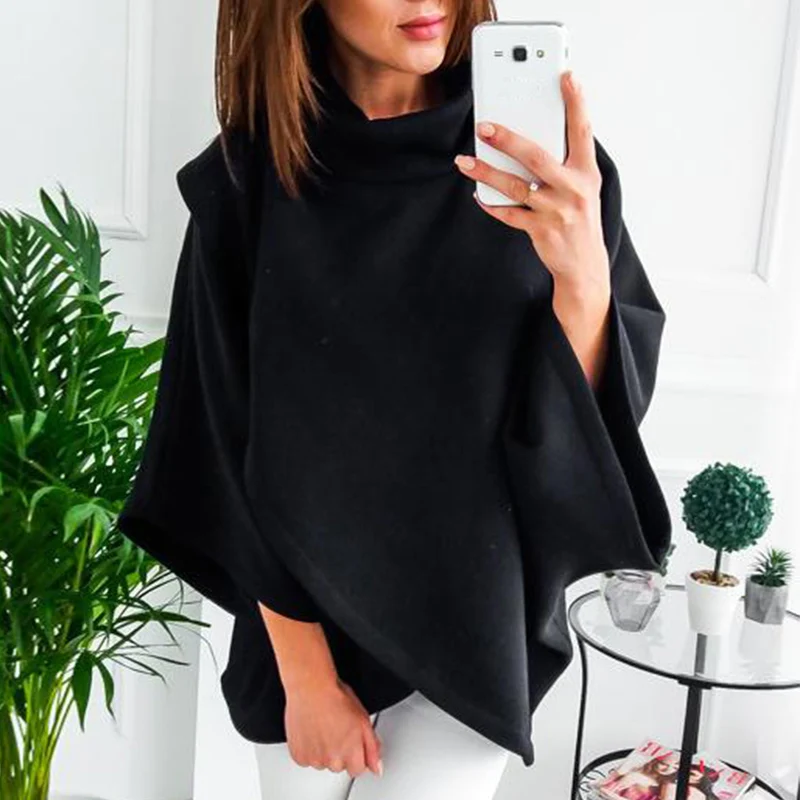 

2019 Fashion Tops Womens Solid Color Large Size Loose Cloak Turtleneck Sweater Irregular Batwing Sleeve Loose Shirts