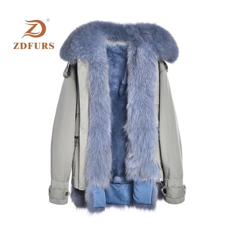 ZDFURS* зимняя куртка женская парка пальто из меха кролика рекс внутренний натуральный Лисий меховой воротник спереди Толстая теплая уличная парка Новинка