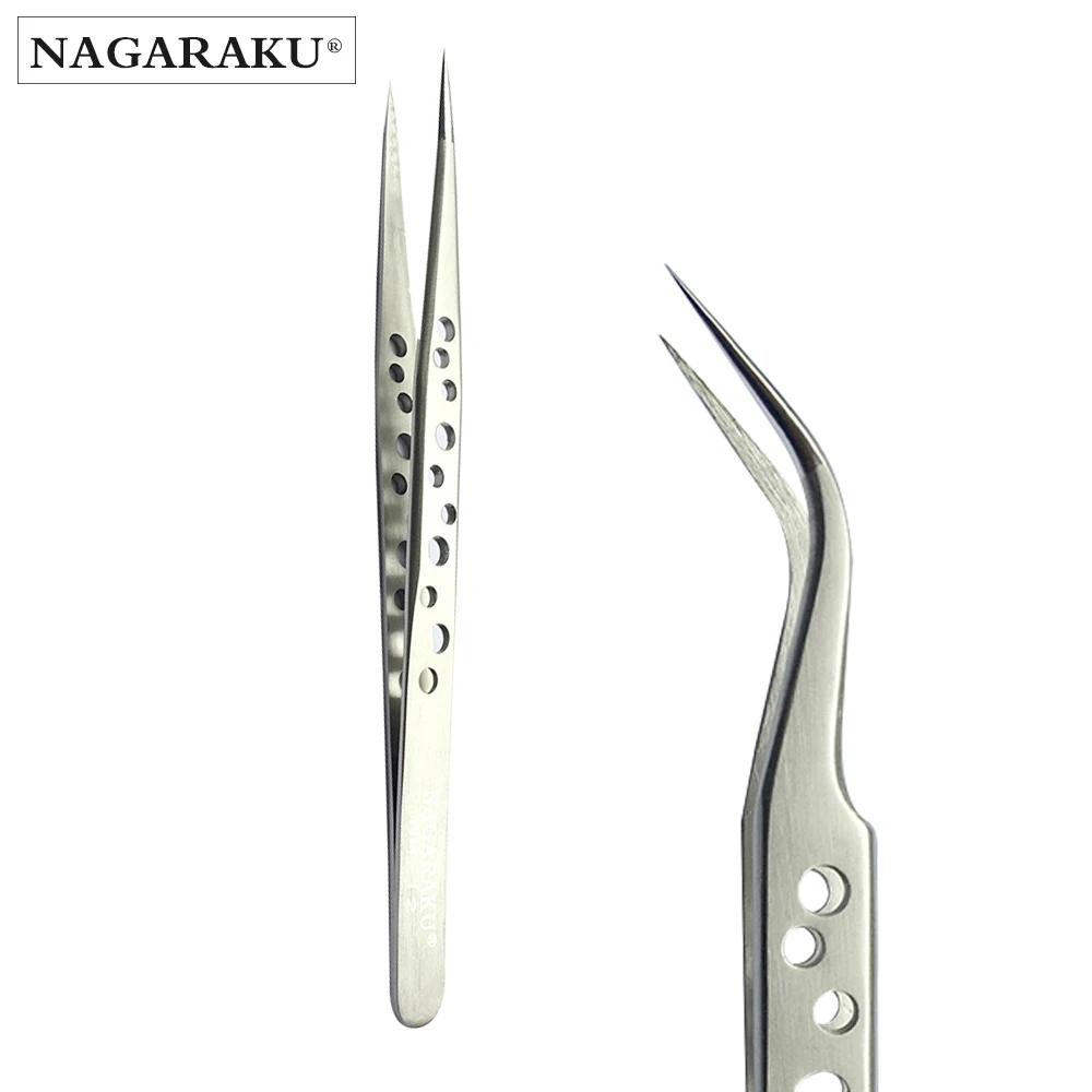 

Nagaraku Eyelashes Grafting Eyelash with Hole Tweezers Precision Stainless Steel Non-Slip Hand Straight Elbow Tweezers