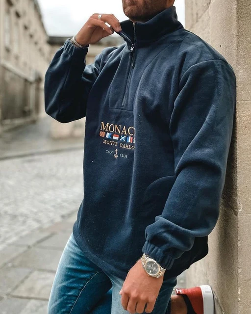 Letter & National Flag Embroidery Long Sleeve Polar Fleece Polo Sweatshirt S-3XL Navy Blue