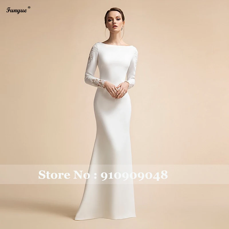 Elegant Simple Mermaid Wedding Dresses Long Sleeves Ivory Muslim Bridal Gowns for Bride Satin Lace Vestidos De Novia 2021 long sleeve wedding dresses