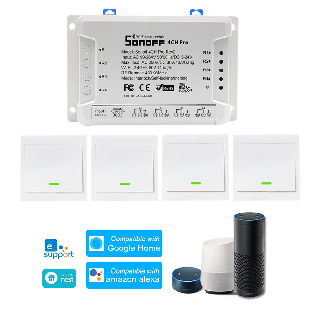 SONOFF 4CH Pro ITEAD RF 433 МГц 4 банда WiFI переключатель 3 режима работы инчинг/самоблокирующийся/блокирующий WiFi умный переключатель для Google Home - Комплект: Type 1