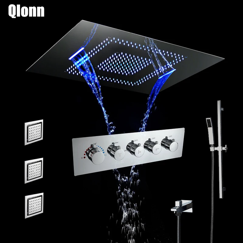 

Chrome LED 64 Colors Remote Control Shower Head Rainfall Waterfall Bathroom Thermostatic Valve Brass Shower Faucets Shower Set