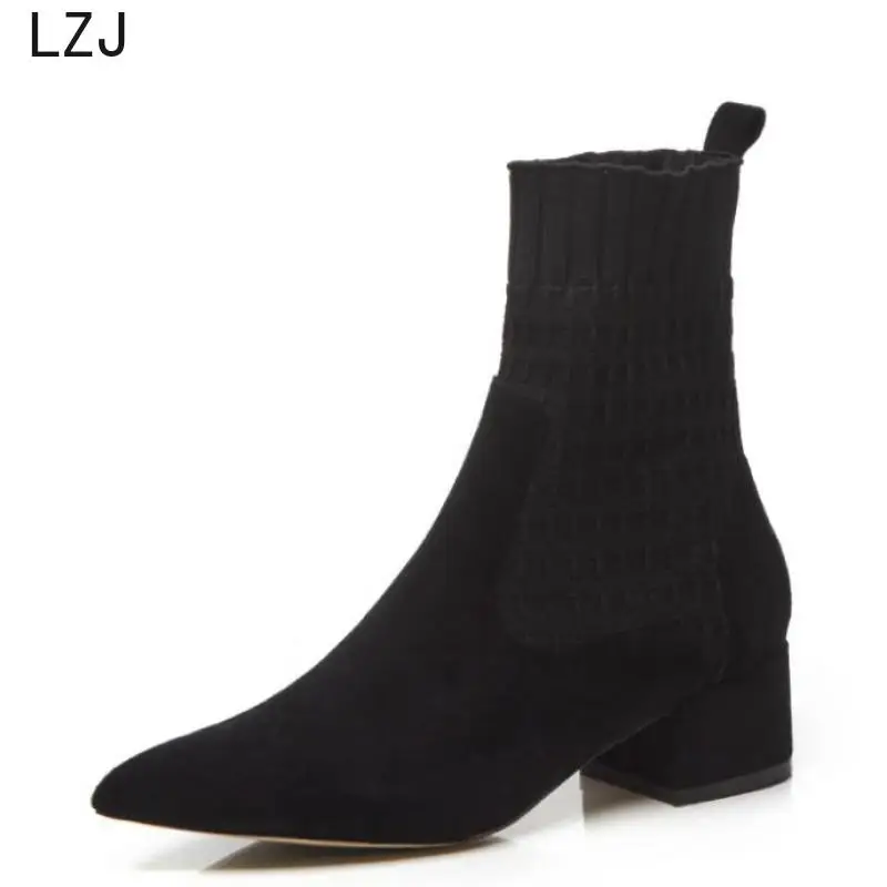 Cena 2019 buty damskie Pointed Toe przędza elastyczny gruby obcas wysokie obcasy buty kobieta kobieta skarpetki knitting botki różowe buty czarne