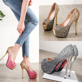 

African Woman Shoe Branded Pumps 2019 Platform Heels Sweet Lace-up Fine Heeled Shoes Sexy Sandals Slip Om Bling Bling Peep Toe