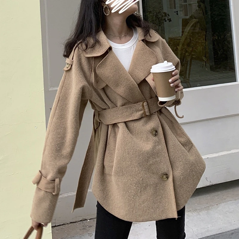 khaki coat women RealShe, Женская куртка,, с отворотом, длинный рукав, пояс, пуговицы, зимняя куртка, для женщин, весна, повседневная, элегантная, однотонная, шерстяное пальто для женщин - Цвет: khaki coat women