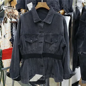 

2019 Fall Black Denim Jacket Solid Women Outwear Elastic Waist Lapel Cowboy Coat Streetwear Loose Jeans Jackets