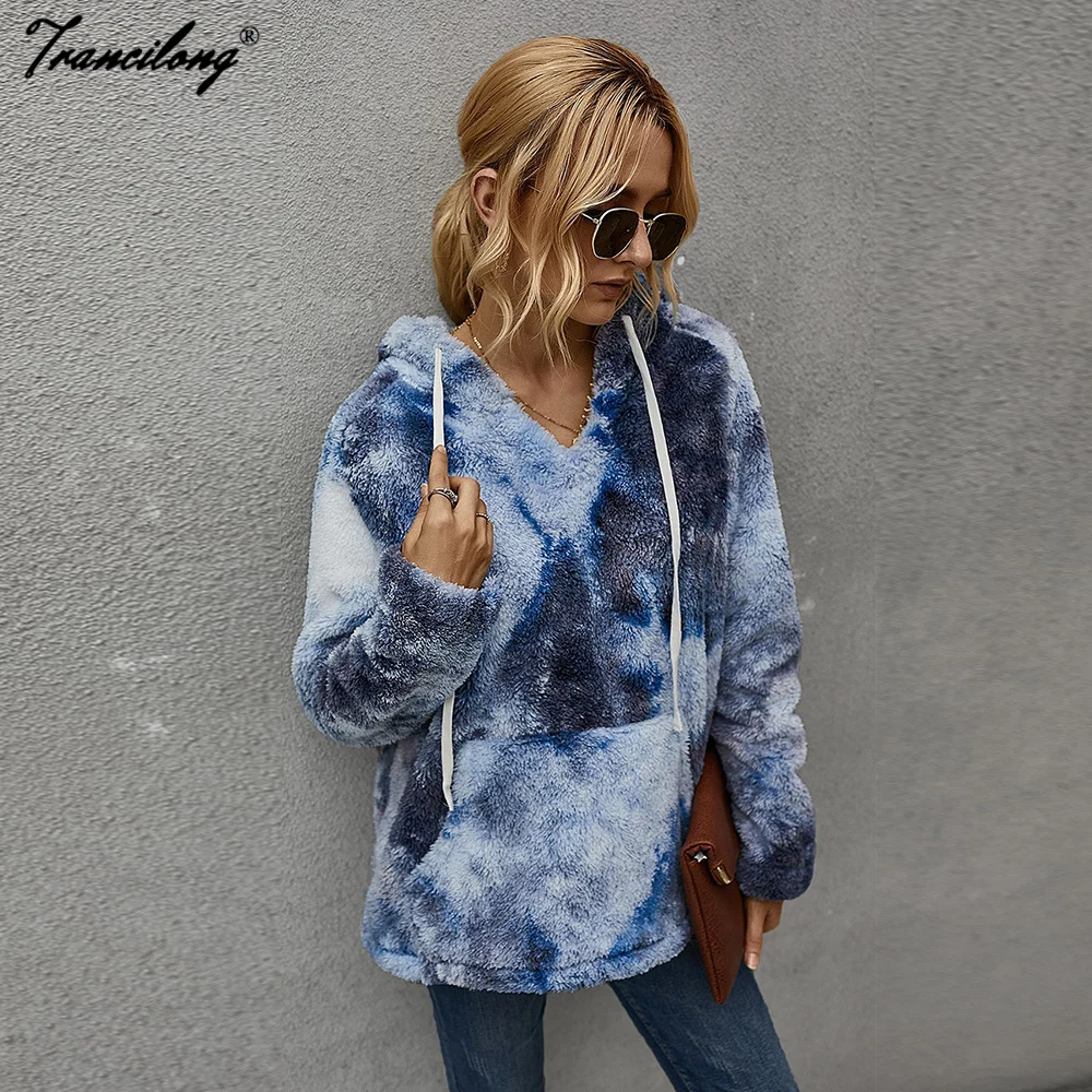 

Tie Dye Print Warm Hoodies Women Streetwear Long Sleeve Oversized Sweatshirts Velvet Pullover Tops Femme Winter Sudadera 2020