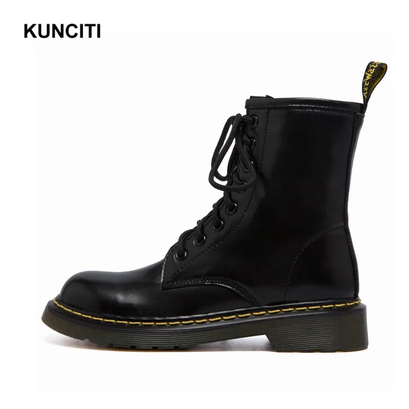 Black KUNCITI/ г., зимние сапоги на натуральном меху женская зимняя обувь черного цвета из натуральной кожи на шнуровке высококачественные ботильоны новинка, D9309 - Цвет: Black
