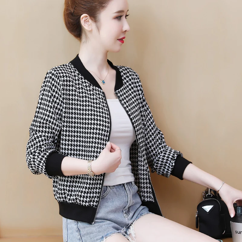 

2022 Korean Fashion Chiffon Sunscreen Houndstooth Jacket Women Short Coats Long Sleeve Thin Lady Jacket Female Outerwear Clothes