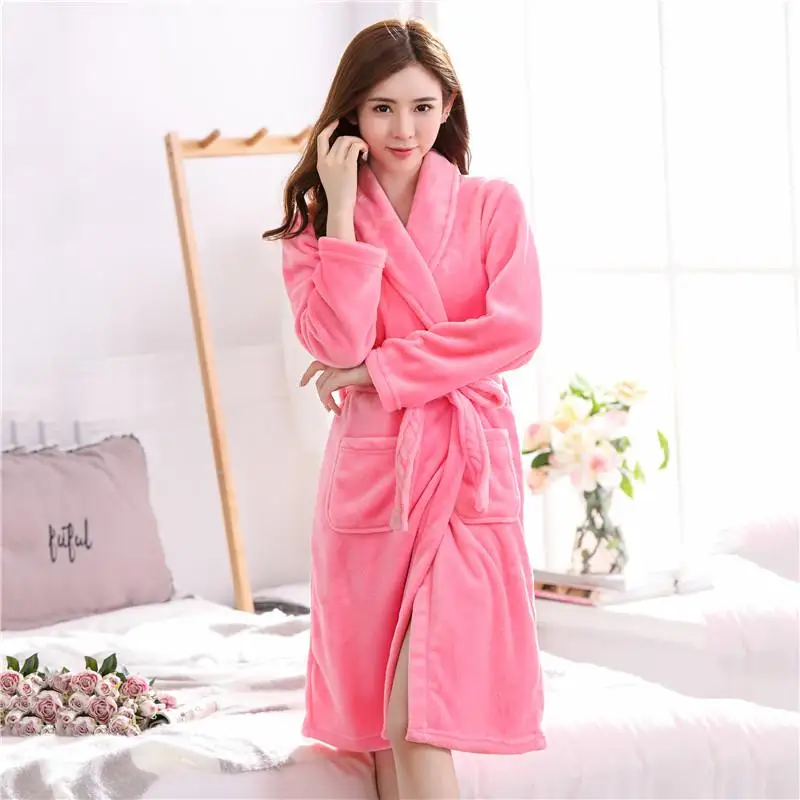 Симпатичная однотонная розовая Женская зимняя Фланелевая Пижама Халат-кимоно Удобная теплая одежда для сна Повседневная Мягкая банная одежда больших размеров - Цвет: Deep Pink