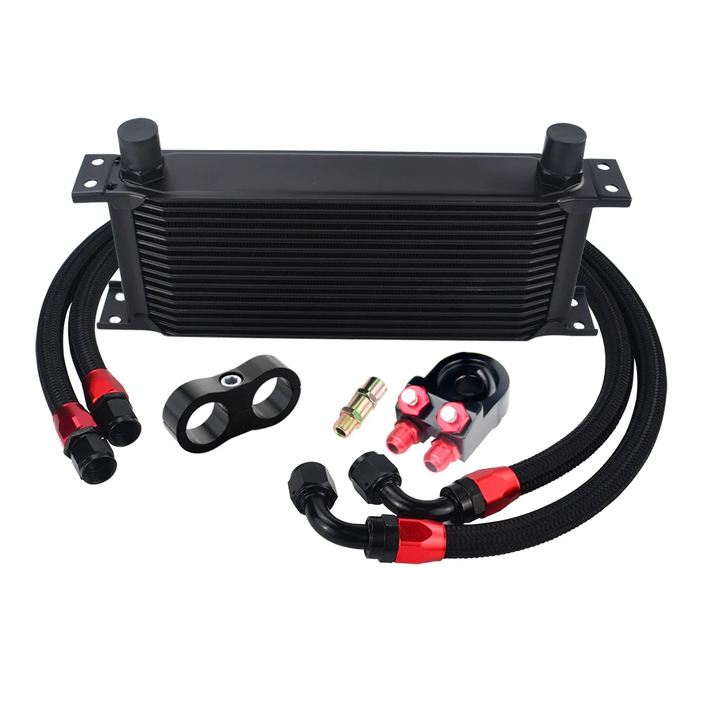 AN10 Universal 16 Rows Oil Cooler Kit + Oil Filter Sandwich Adapter + Staingless Steel Braided AN10 Hose Line Separator oil cooler kit
