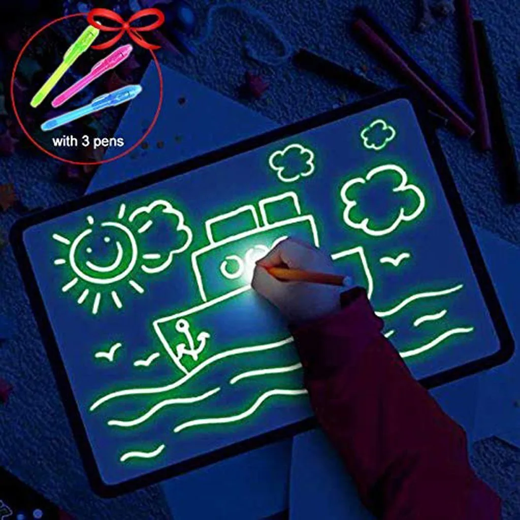 A3 LED Luminous Drawing Board Graffiti Doodle Drawing Tablet Magic Draw With Light-Fun Fluorescent Pen Educational Toy 3Pen/Set