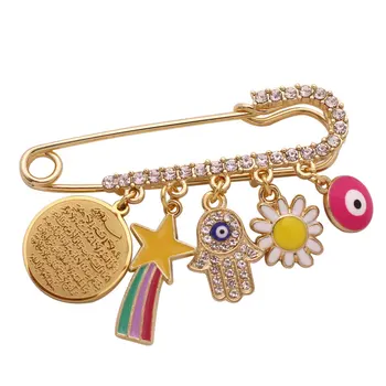 

muslim AYATUL KURSI hamsa hand of fatima Turkish evil eye brooch pink Baby Pin