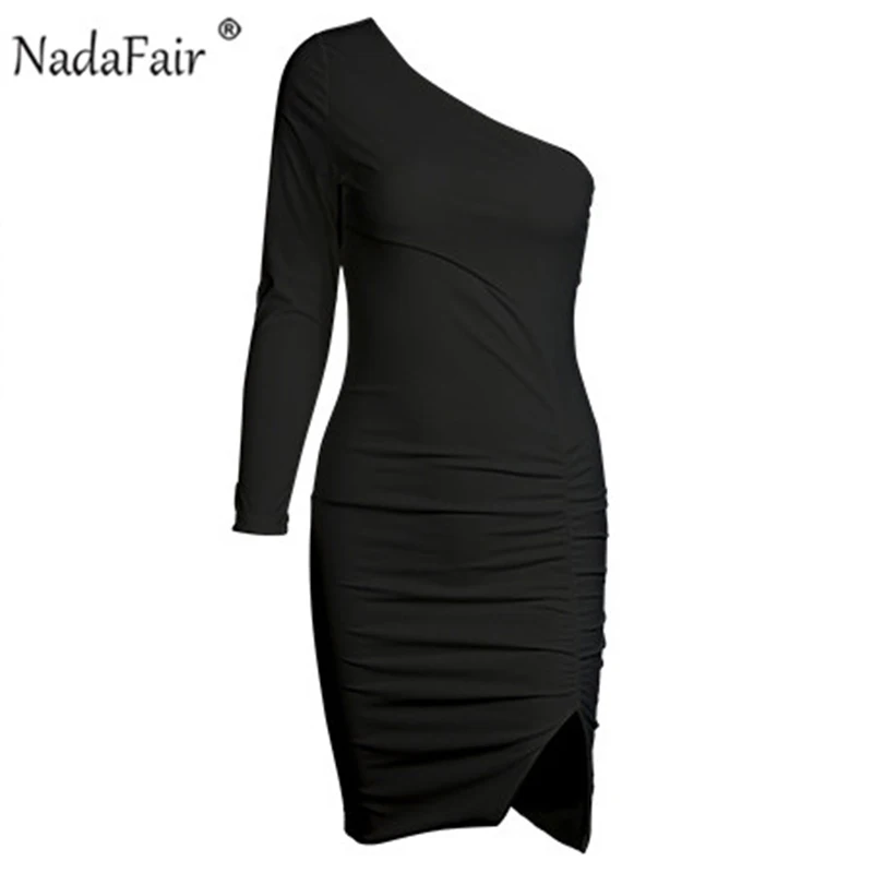 Nadafair/Клубная одежда на одно плечо, вечерние, сексуальные, облегающее платье, женское, Драпированное, с длинным рукавом, мини, черное, белое, розовое, Осеннее, зимнее платье
