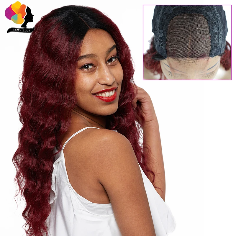 Remyblue T1B 99J Ombre 4*4 перуанские свободные волнистые кружевные парики бордовые Красные