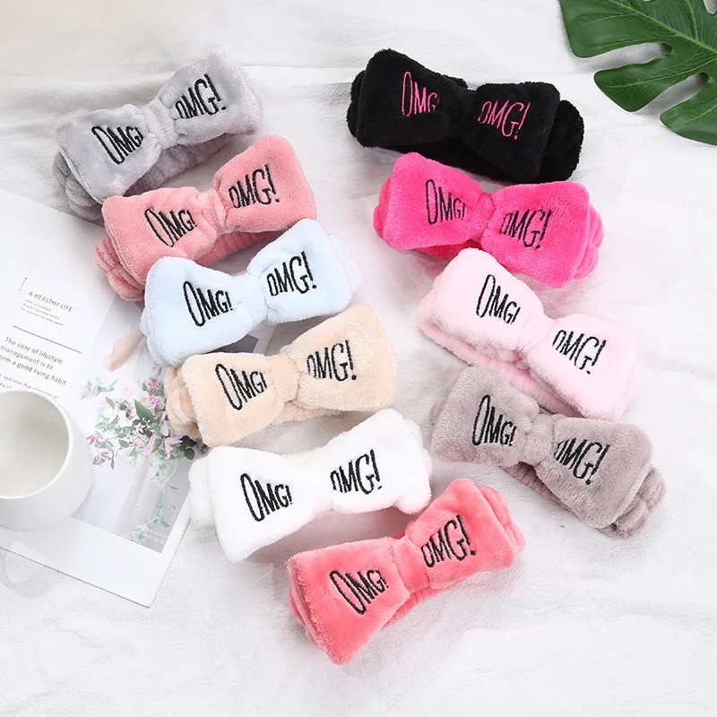 

New OMG Letter Coral Velvet Bow Hairband Candy Color Cute Girl Hairpin Wash Face Bath Makeup Elastic Headband Headdress Hair Acc