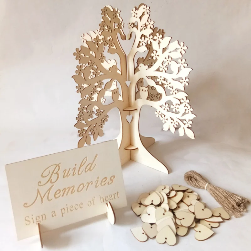 

DIY Wedding Decoration Guest Book Tree 3D Wooden Wishing Tree With 50PCS Heart Pendant Drop Ornaments Decoration Mariage