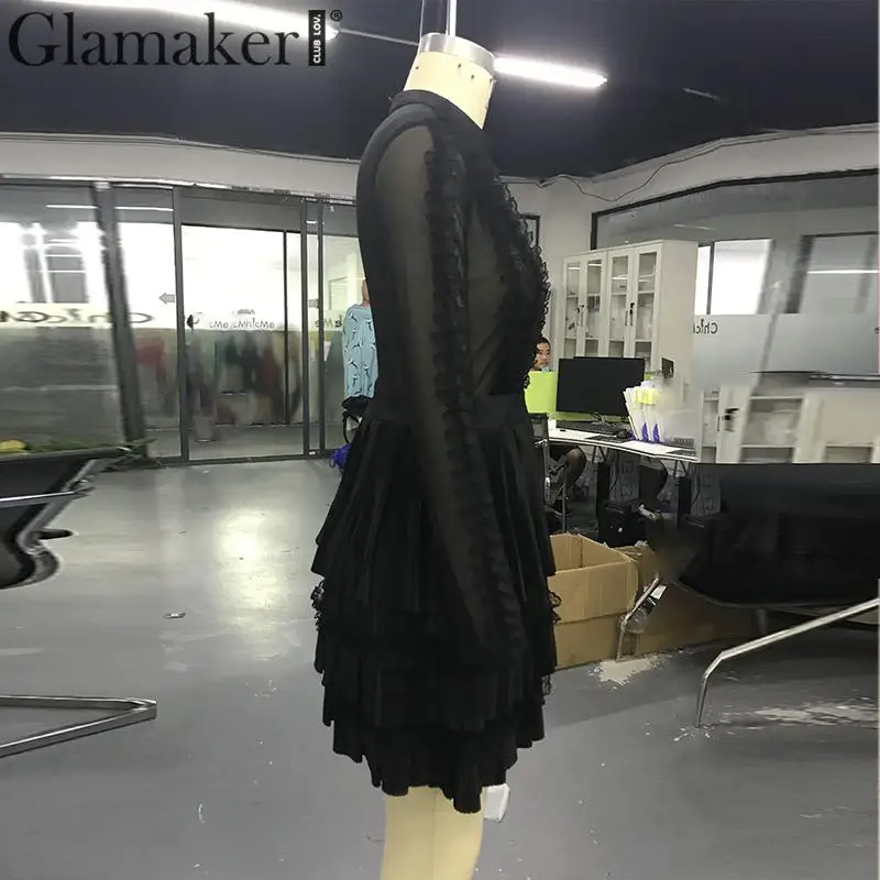 Glamaker, сексуальное короткое платье для ночного клуба, женское лоскутное прозрачное вечернее платье со стоячим воротником, женское Сетчатое гофрированное облегающее платье на пуговицах