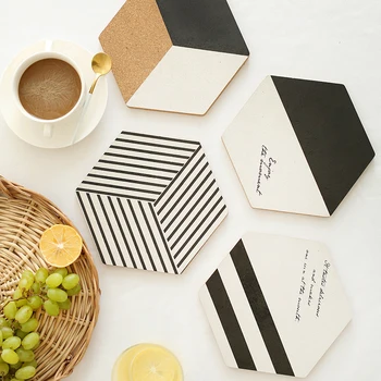 

4PCs Nordic Style Striped Cube Hexagonal Cork Potholders Insulation Mat Black And White Place Mats Creative Home Decoration