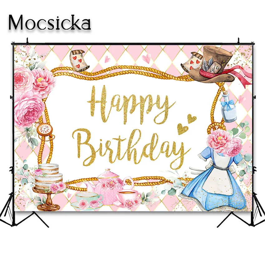 Mocsicka-tea Party Backdrop Princess Photo Background First Birthday Alice no País das Maravilhas Photoshoot - Image 6