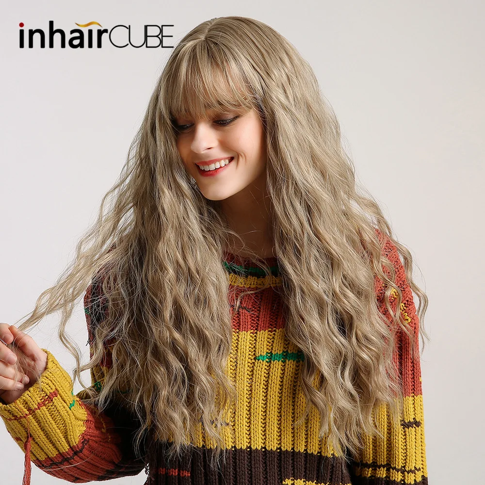 Inhaircube Long Curly Blonde Brown Lolita Wigs with Bangs Half Synthetic Hair Piece For Black/White Womens Free Shipping