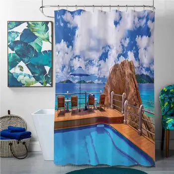 

Shower Curtains Longer Than 72 Beach,Relaxation Journey Vacation Holiday Resort Rock and Ocean Picture Print,Pale Brown Blue