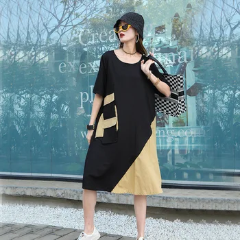 

WOMENGAGA 2020 Spring Summer New Long Loose Dress Girl Female Pockets Short Patchwork Casual Hit Color O-neck Streetwear A0012