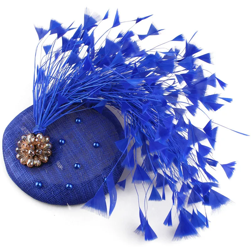 FS Vintage Blue Weddings Hat With Feather Headwear Ladies Elegant Fascinators Hats Big Flower Black Church Derby Red Hats 11