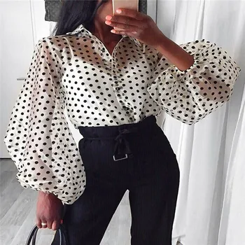 

Women Sexy Perspective Mesh Lantern Sleeves Shirt Blouses Clothes Fashion Polka Dot Long Sleeve Blouse Gothic Shirts Blusas Tops
