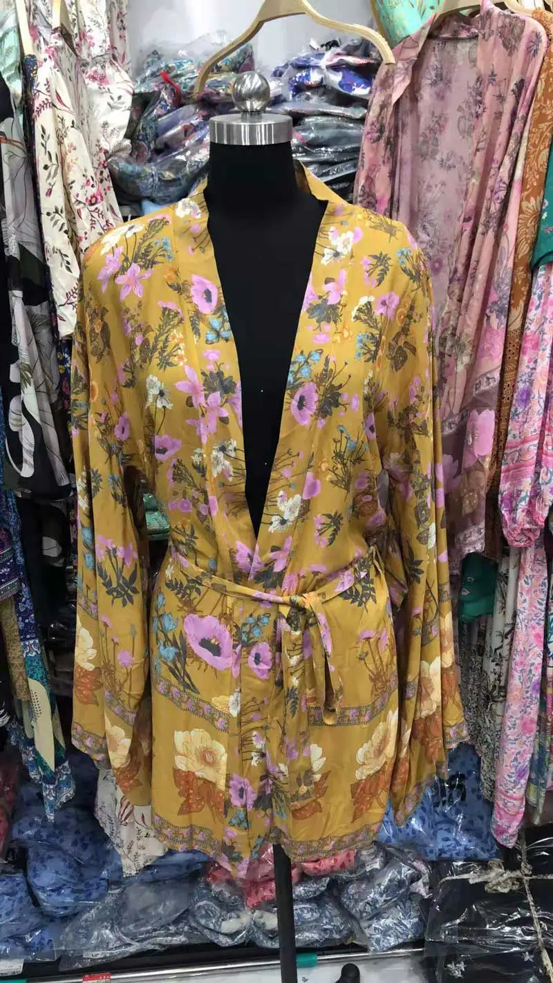 GypsyLady, кимоно с цветочным принтом в пустыне для женщин, 3/4 рукав, пояс, Boho, кимоно, открытая передняя часть, пляжный топ,, цыганская летняя блузка, Топ
