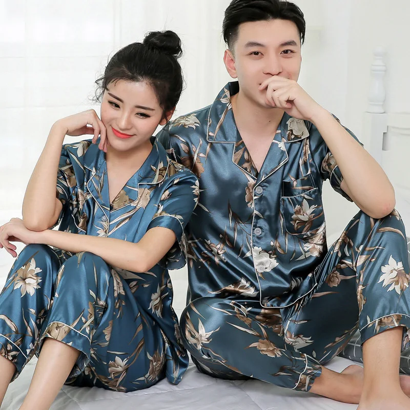 Pajamas Men Short Sleeve Trouser Pure Color or Printed Flower Pajama Set Men Thin Silk Sleepwear Set Satin Couple Snight Pijamas mens flannel pajamas set Pajama Sets