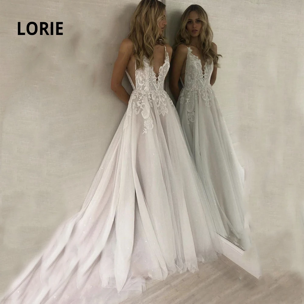 

LORIE A-line Lace Wedding Dresses Turkey 2019 Spaghetti Strap V-neck Soft Tulle Skirts Boho Bridal Gowns with Sweep/ Brush Train