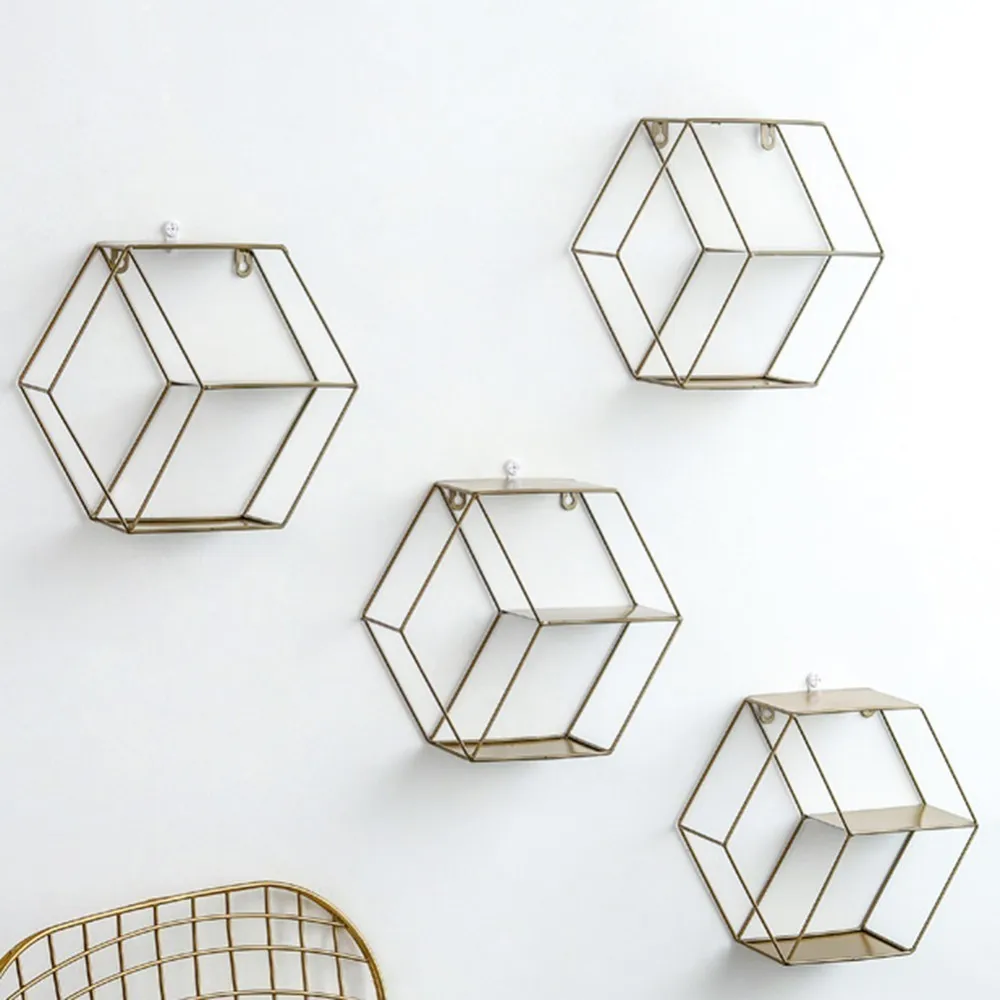 

Hexagon Wall Hanging Retro Wall-Mounted Metal Rack Mesh Iron Shelf Industrial Nordic Style Office Sundries Organizer Home Decor