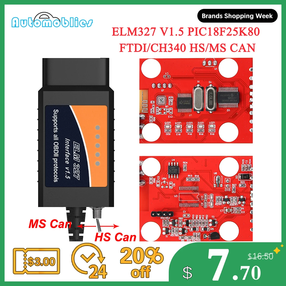 Сканер ELM327 V1.5 PIC18F25K80 HS/MS CAN ELM 327 OBD2 USB для Ford Forscan ELMconfig OBD 2 автомобильный
