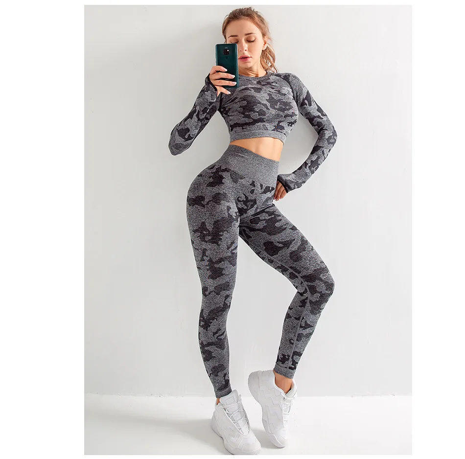Seamless Yoga Set Sports Fitness Clothing Gym Woman Running Exercise Push Up Tracksuit Camouflage