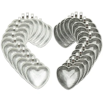 

30 Counts Heart Bezels Silver Pendant Trays With 30 Counts Glass Cabochon Heart e Tiles For Jewelry Making,60 Counts