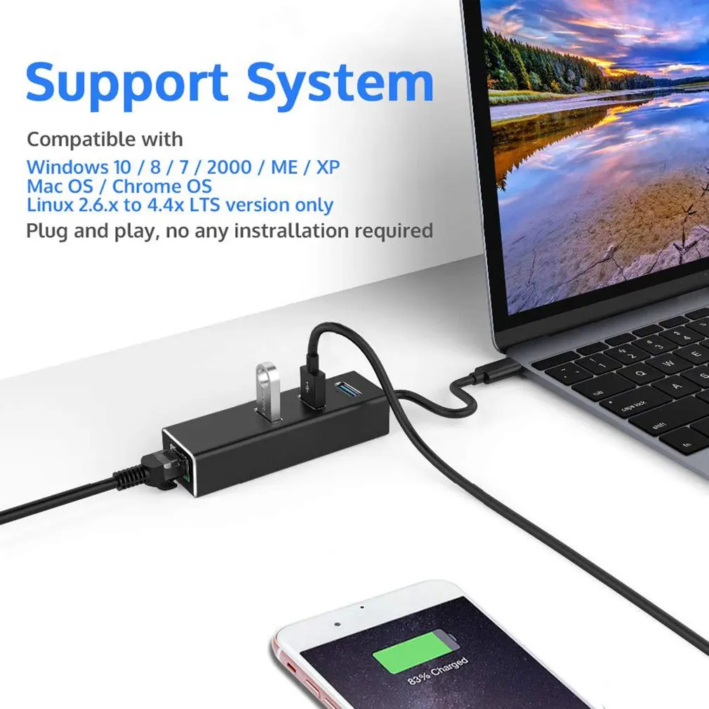 Aluminum 1000 Mbps Type c USB Hub 3.0 with Gigabit Ethernet RJ45 Port Network Adapter Portable Data Hub for MacBook