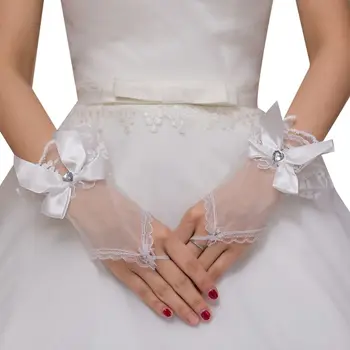 

Wedding Short Fingerless Gloves Bowknot Heart Rhinestone Ruffles Lace Mittens